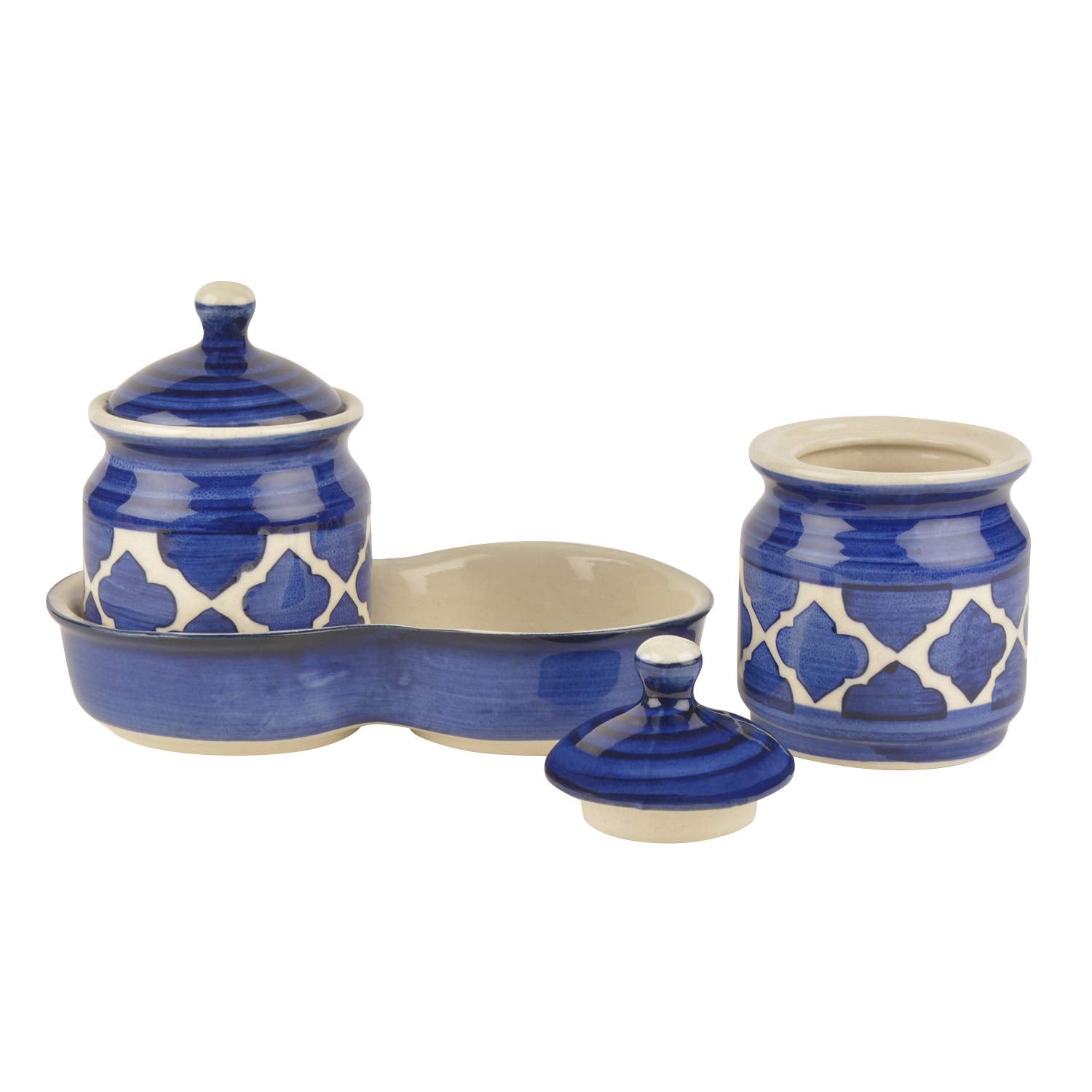 Ceramic Pickle Serving Jar Set With Tray Set Of 2 - 200ml Each, Blue & White | Condiment Set - Pickle Jar Set For Dining Table | Masala Container