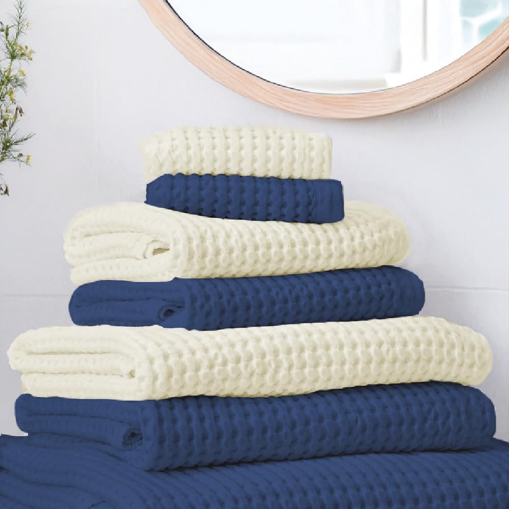 Urban Space 100% Cotton Waffle 2 Bath, 2 Hand & 2 Face Towels 1500 Gsm | Breathable & Absorbent Cotton Fabric Towel (Beige & Navy Blue) -Set Of 6