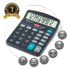 Flair Fc-837 Desktop Series Calculator | 12 Digits Calculator | Dual Power With Solar | Auto Replay With Big Display | Square Root Function | Ideal For School, College & Office | Black
