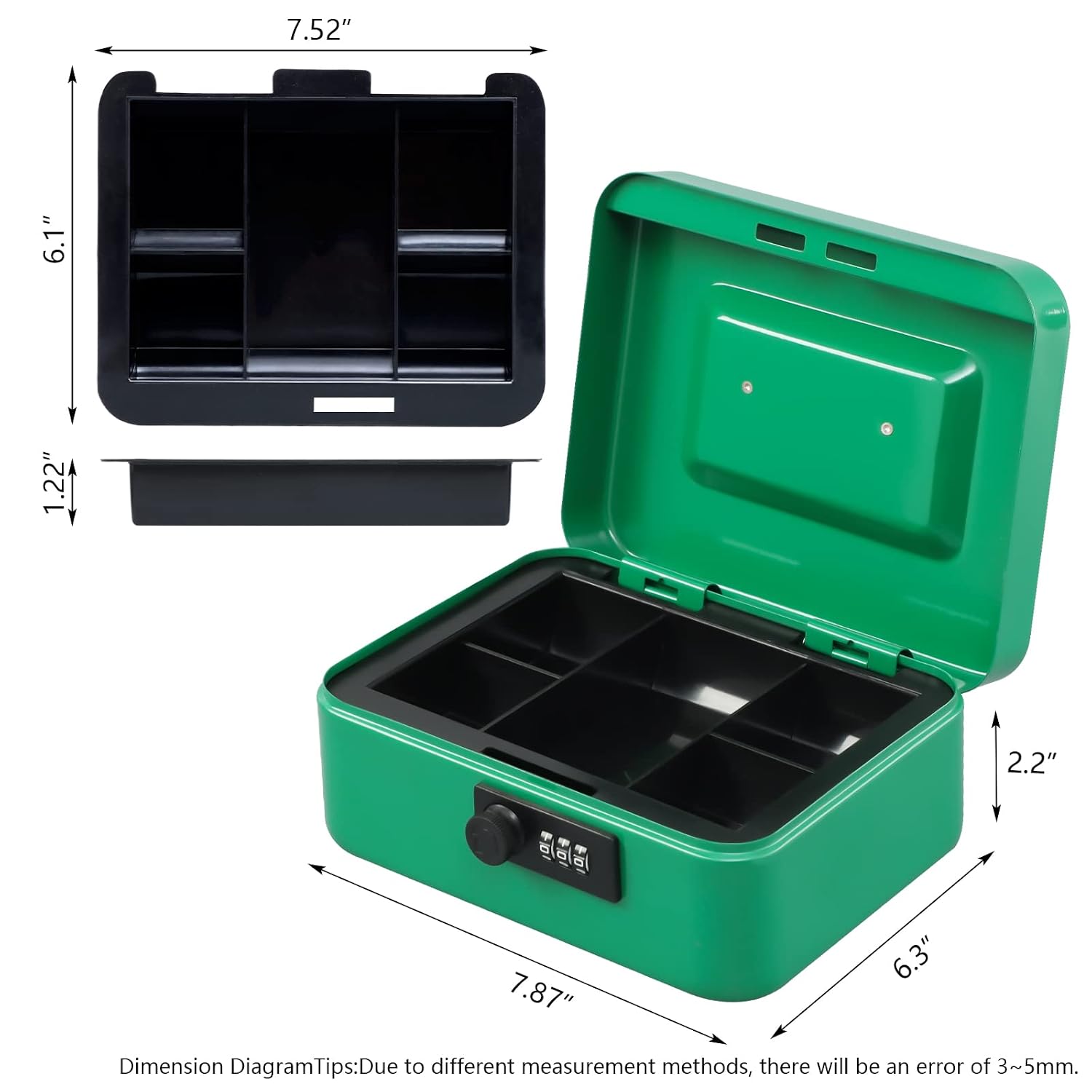 Medium Metal Cash Box With Combination Lock Safe & Money Tray For Security 7.87"X 6.30"X 3.54" Colour - Green