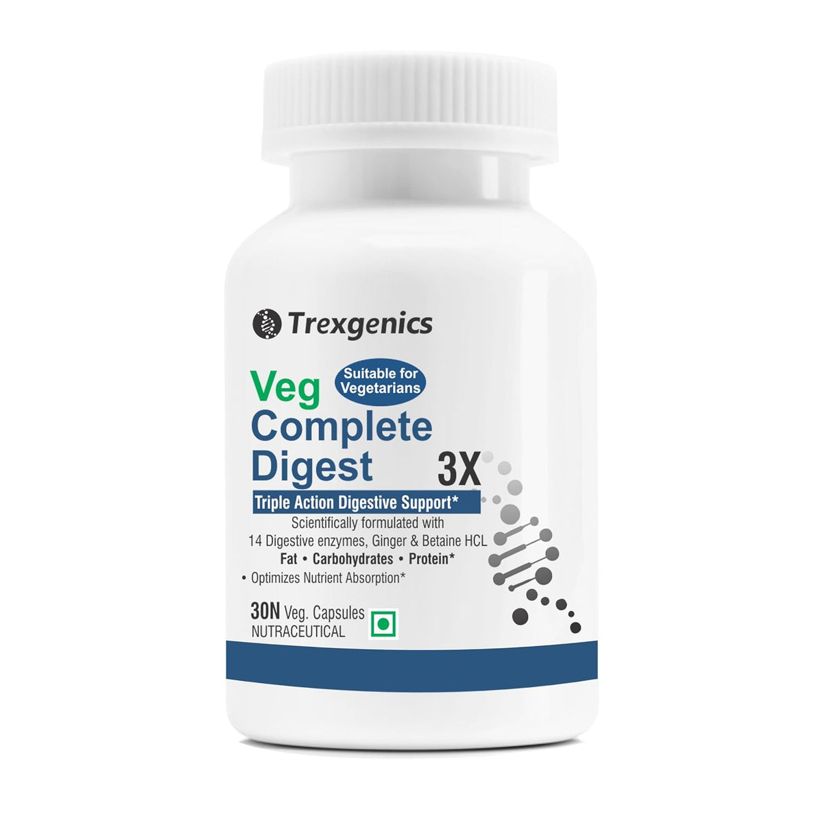 Trexgenics Veg Complete Digest 3x, 100% Vegetarian Triple Action Digestive Support For Fat, Carbohydrates & Protein With 14 Enzymes, Ginger & Betaine Hcl | 30 Veg Capsules, 50gm 0.1lbs