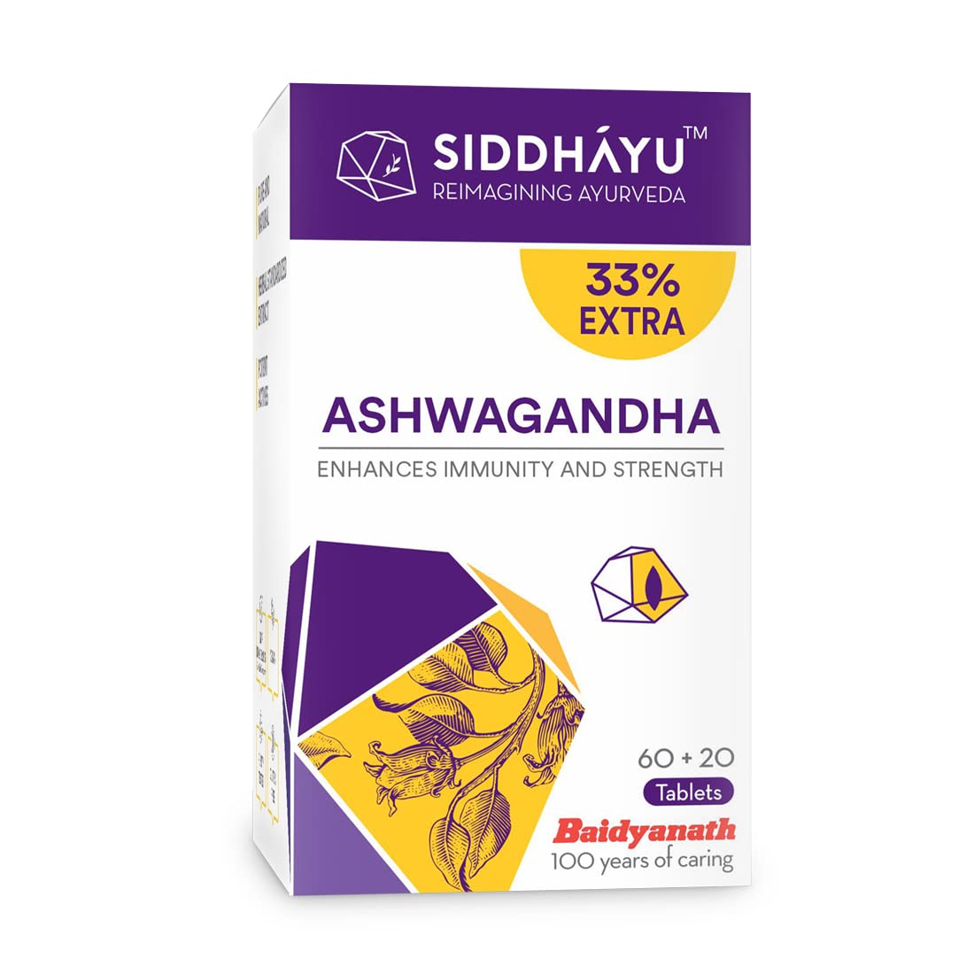 Siddhayu Ashwagandha Tablet Enhances Immunity & Strength, Rejuvenates Mind & Body, Increasing The White Blood Cell & Platelet | 60 + 20 Free Tablets 100gm 0.2lbs Each Pack Of 2
