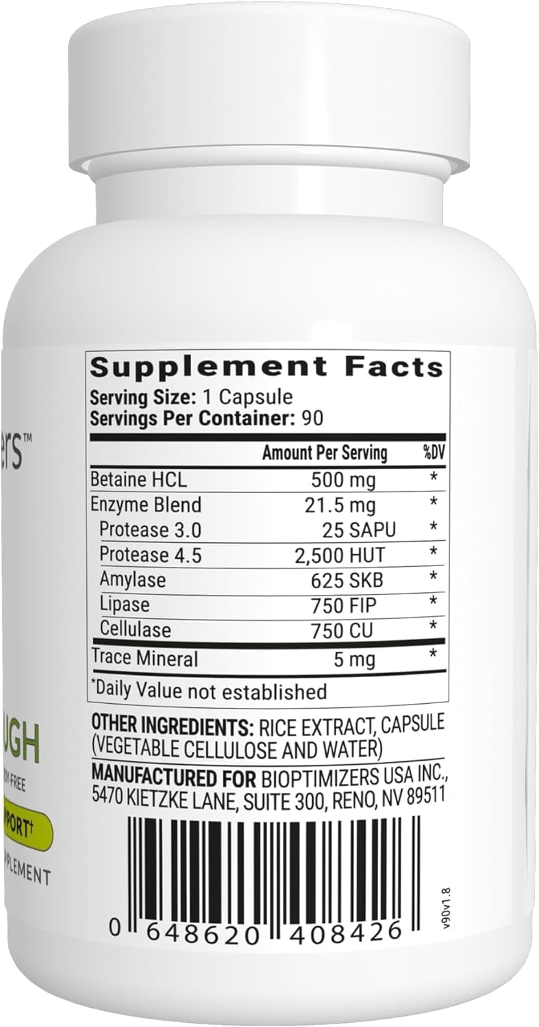 Bioptimizers Hcl Breakthrough - Betaine Hydrochloride Enzymes Supplement - Assists With Protein Breakdown & Absorption - Helps Gas And Heartburn Relief | 90 Veg Capsules, 150gm 0.3lbs