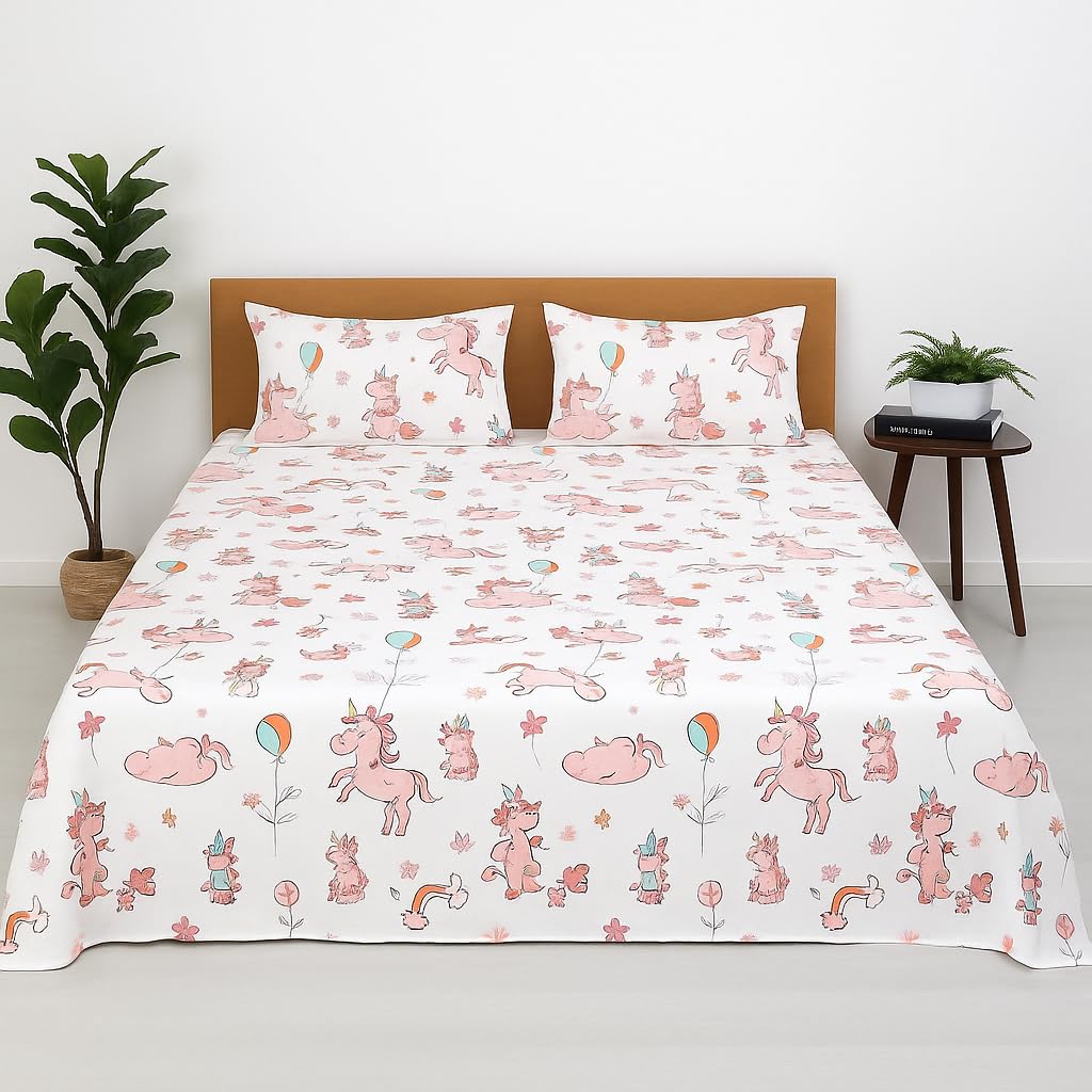 Printed Bedsheet For Single Bed Includes Pillow Covers Skin Friendly - Size-60x90 Inches, White | Perfect For Children'S Rooms Bedsheet