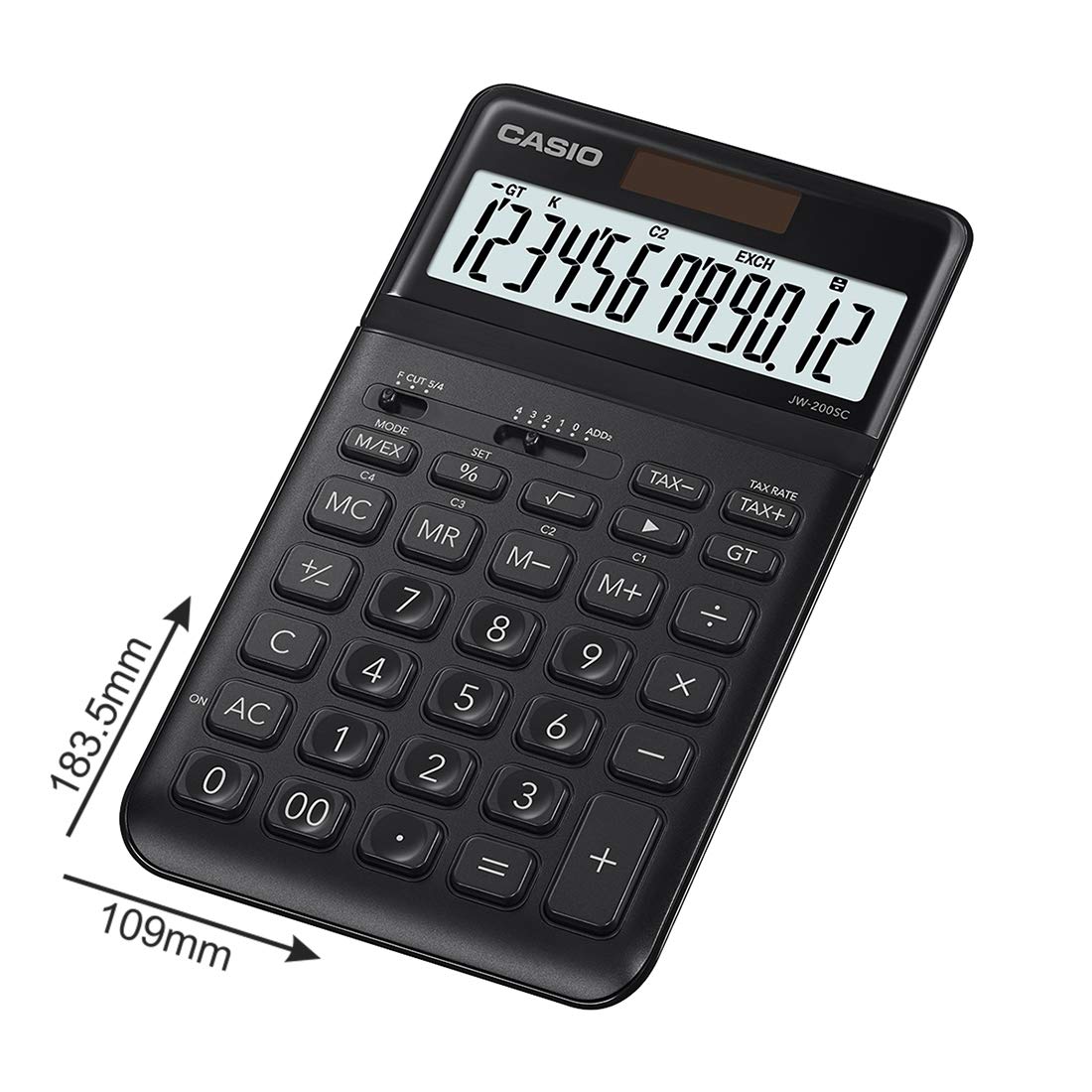 Casio JW-200SC-BK Premium & Stylish Calculator (Black) | 12 Digits, 2-way Powered - Tax Calculation, Currency Exchange Calculation