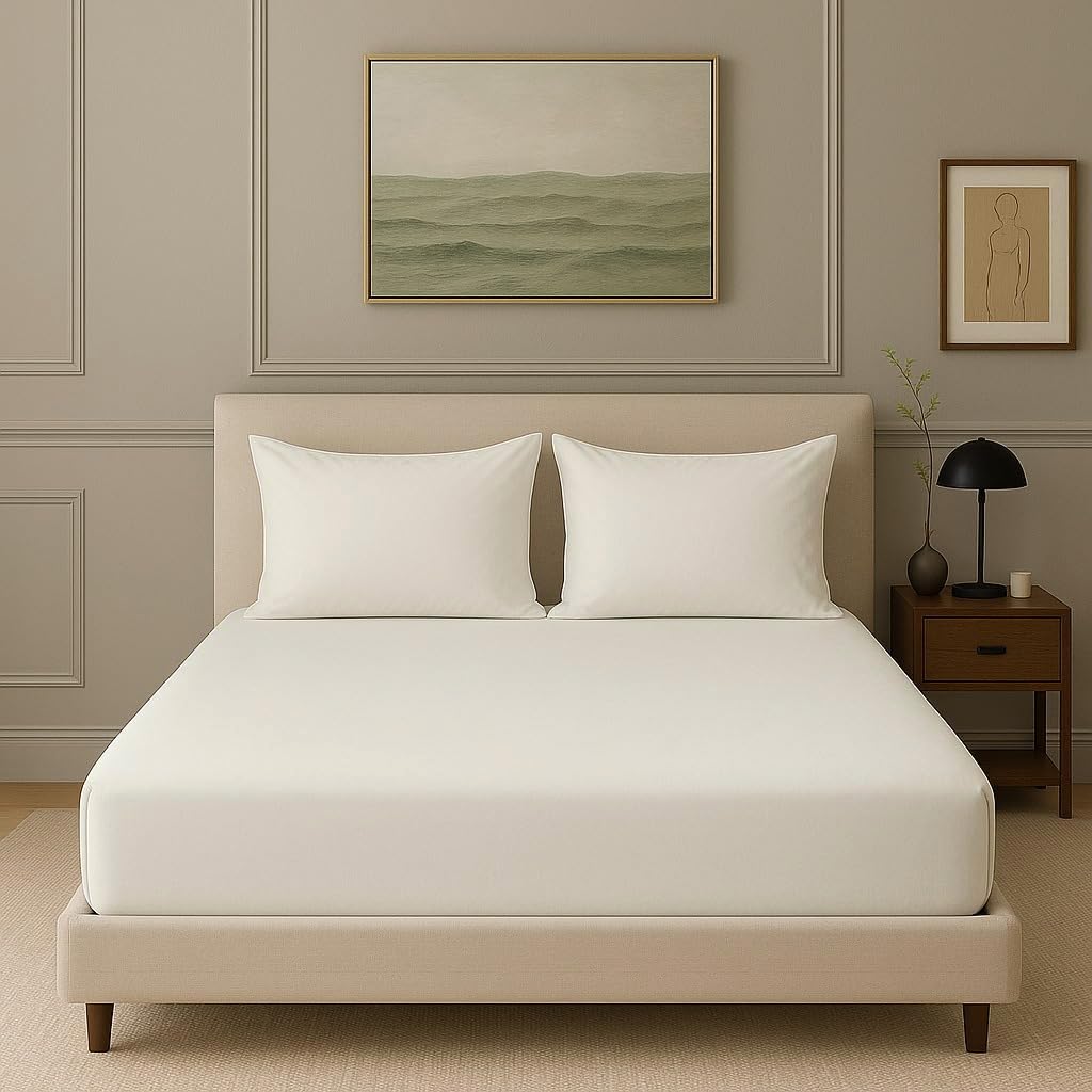 Elastic Fitted Bedsheet With 2 Pillow Cover - 78 X 84 Inches, Off White | Soft, Breathable & Eco-Friendly | Perfect Gifting Festival, Housewarming, Anniversaries