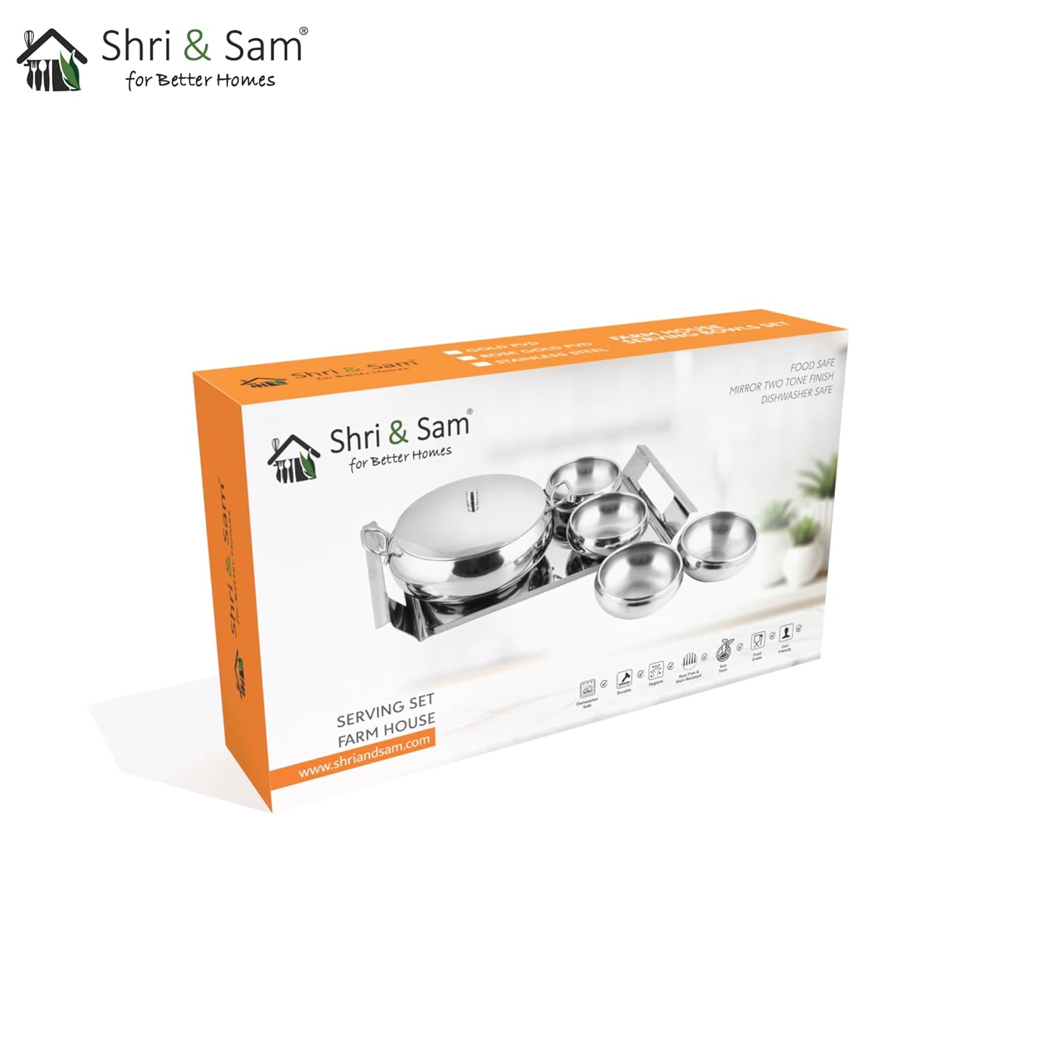Stainless Steel Farm House Serving Set, Silver | 1 Big Serving Bowl With Lid, 1000ml + 4 Small Bowls+ 1 Tray