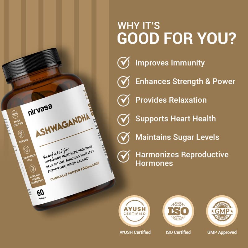 Nirvasa Ashwagandha Tablets For Men & Women 500mg With Natural Ashwagandha Extract For Immunity, General Wellness & Improves Muscles Strength | 60 Tablets 100gm 0.2lbs Each Pack Of 3