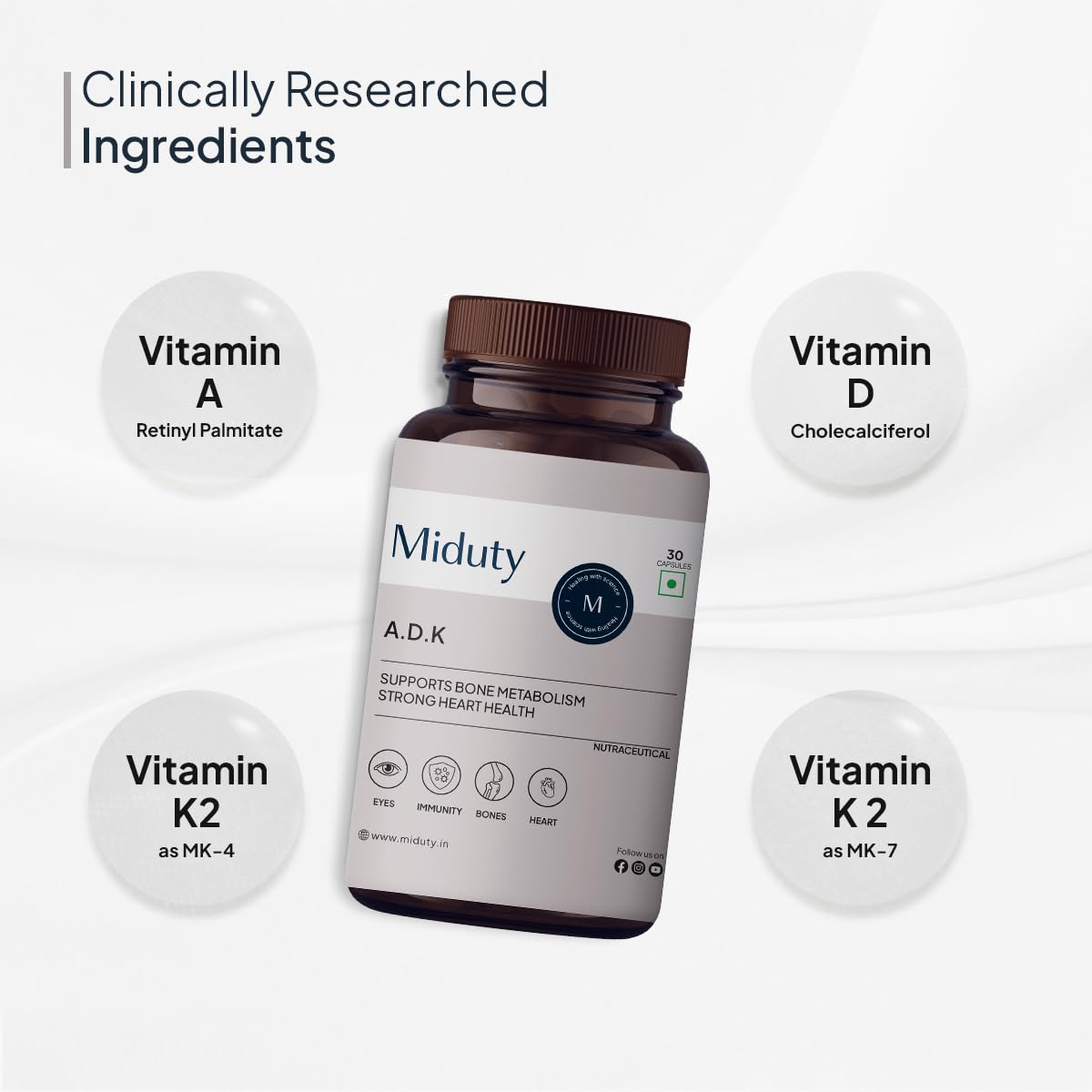 Miduty Vitamin Adk Multivitamin Contains Vitamin A - D3 - K2 Immunity Booster, Bone Strength, Healthy Heart , Supplement For Men & Women | 30 Capsules, 50gm 0.1lbs