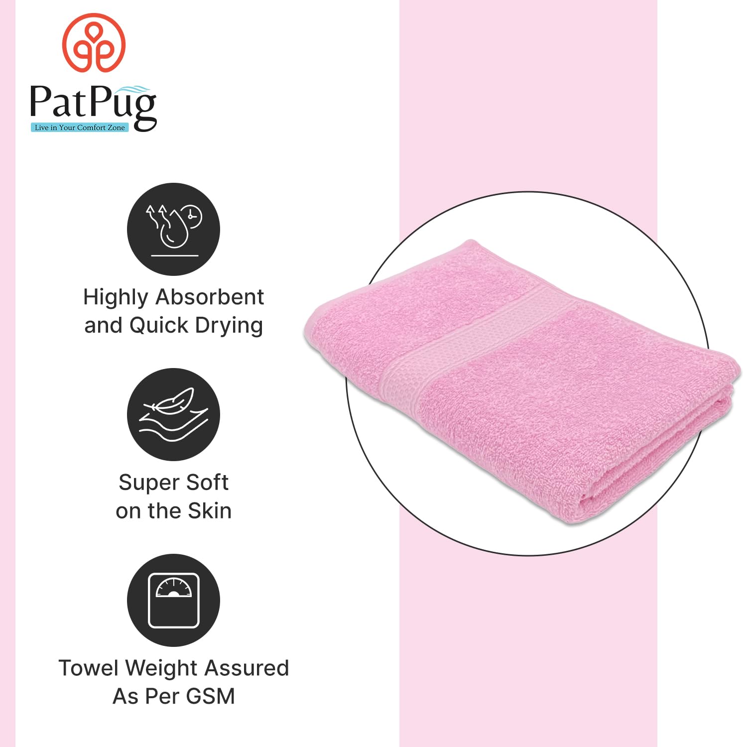 PatPug 100% Indian Ultra Soft Cotton Towel 380 Gsm | Highly Absorbent, Fade Resistant Large Bath Towel (Sweet Pink)