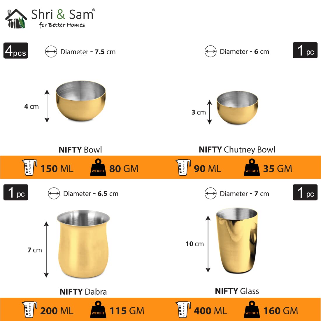 Nifty High Grade Stainless Steel Thali Set With PVD Coating, Gold | 5 Katoris+ 1 Glass+ 1 Quarter Plate+ 1 Full Plate+ 1 Dessert Spoon