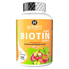 Naturyz 100% Plant Based Biotin Tablets With High Protein Vitamin Dht Omega 3 For Strong Hairs, Nails Growth & Glowing Skin | 90 Tablets , 150gm 0.3lbs