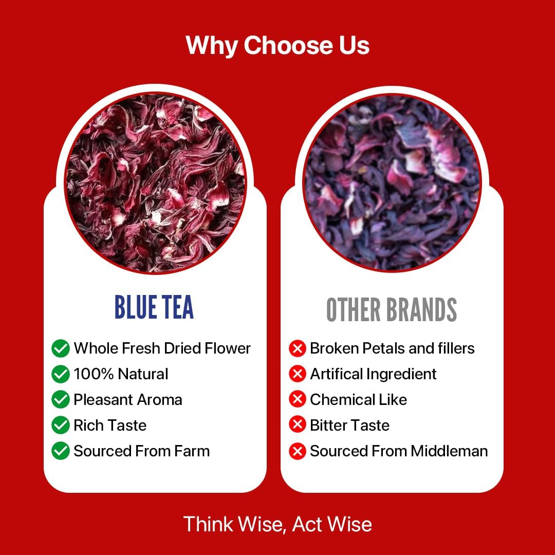 Blue Tea Hibiscus Flower Herbal Tea - 50gm Pet Jar, 1.7 Ounce, 50 Cups | Flower Based Skin Glow Enhancing Tea - Caffeine Free, Tangy Flavor, Non-GMO | No Added Colors, No Preservatives