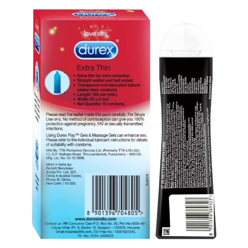 Durex Pleasure Packs (Intense Tingling Lube 50ml, Extra Thin 10s)