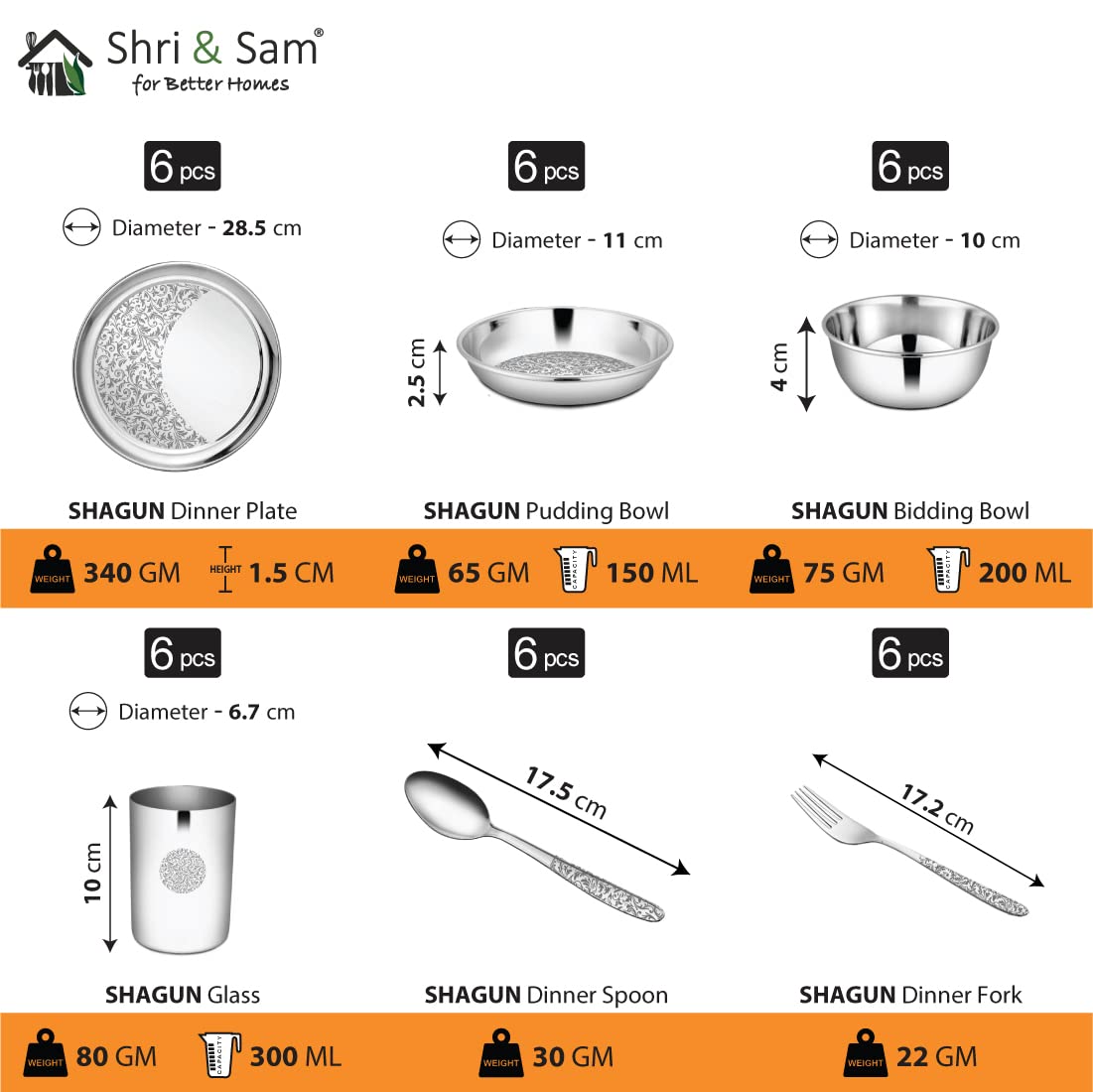 Designer Stainless Steel Shagun Laser Bloom Dinner Set Of 36 Pieces, Silver | 6 Dinner Plate+ 6 Glass+ 6 Bidding Bowl+ 6 Pudding Bowl+ 6 Dinner Spoon+ 6 Dinner Fork