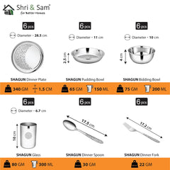 Designer Stainless Steel Shagun Laser Bloom Dinner Set Of 36 Pieces, Silver | 6 Dinner Plate+ 6 Glass+ 6 Bidding Bowl+ 6 Pudding Bowl+ 6 Dinner Spoon+ 6 Dinner Fork