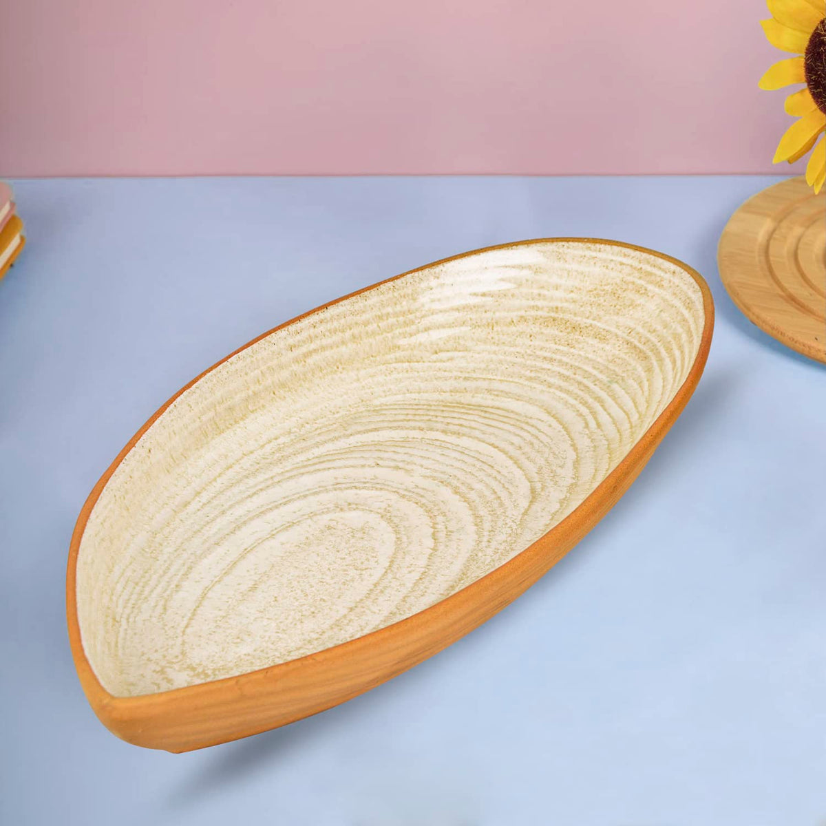 Luxurious Boat Shaped Ceramic Platter With Spiral Design - Ivory, 11 Inches | Starter Serving Tray - Kebab Platter