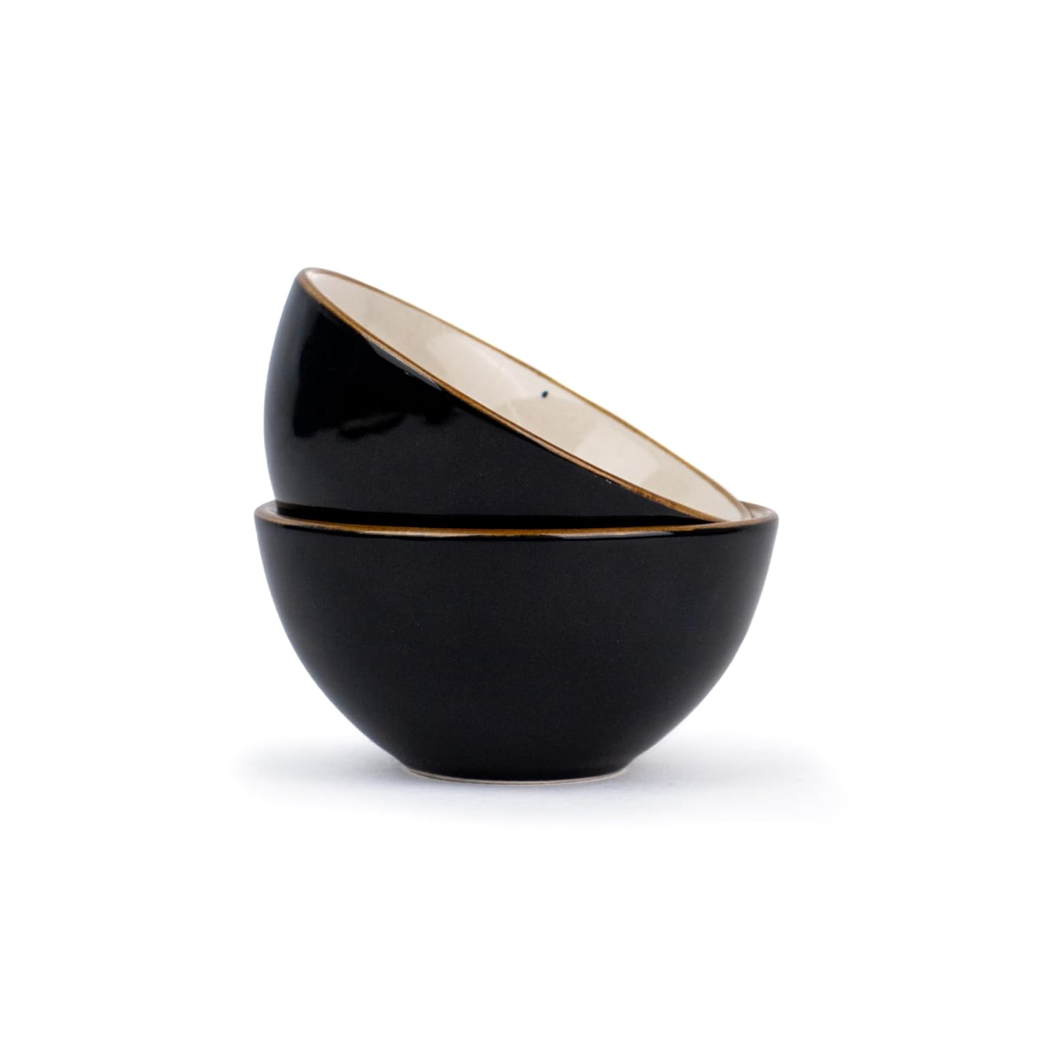 Ceramic Veg Bowls Set Of 6 For Dinner - 180ml Each, Black Ivory Rim Series | Katori Set With Glossy Finish - Stoneware Ceramic Bowls Set | Dessert Bowl Set
