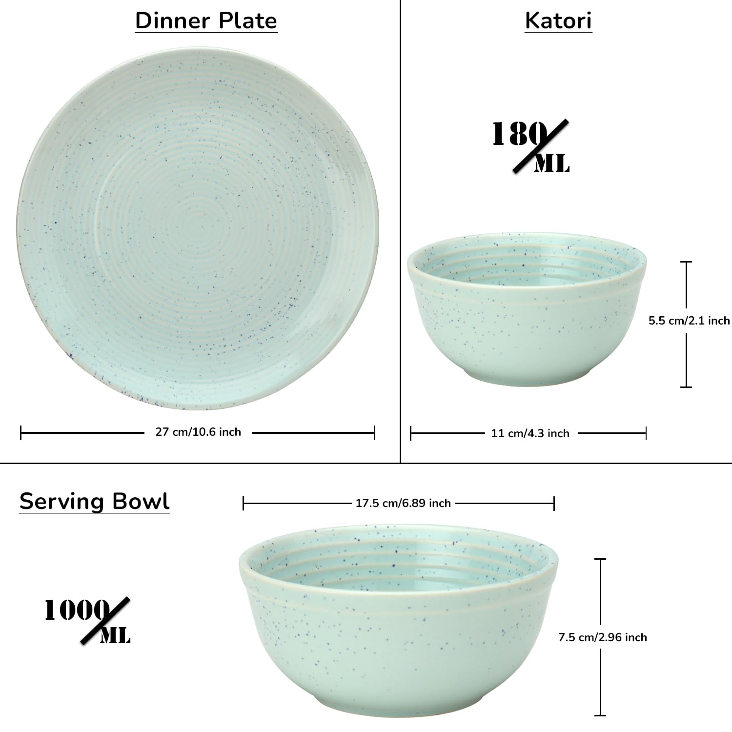 Handcrafted Ceramic Stoneware Dinner Set Of 10 Pcs With Serving Bowl Set - Mint Green | 4 Dinner Plates, 10.6 Inch Each + 4 Salad Bowl, 180ml Each+ 2 Serving Bowl, 1000ml Each