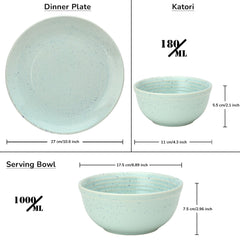 Handcrafted Ceramic Stoneware Dinner Set Of 20 Pcs With Serving Bowl Set - Mint Green | 6 Dinner Plates, 10.6 Inch Each + 12 Salad Bowl, 180ml Each+ 2 Serving Bowl, 1000ml Each | Serving For 6