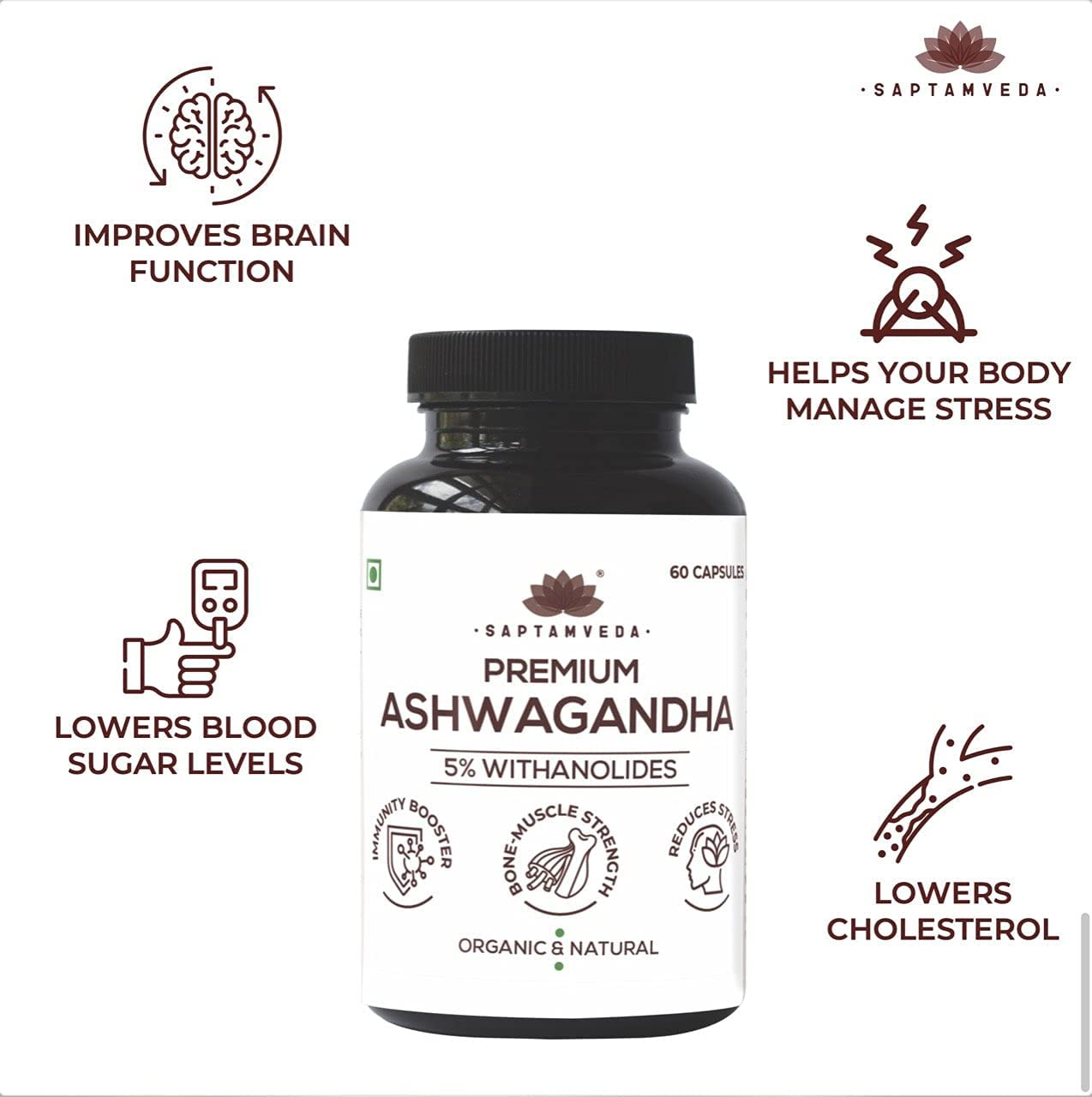 Saptamveda Natural Ashwagandha, Helps Manage Stress, Anxiety & Depression, Helps Improve Concentration | 60 Capsules 100gm 0.2lbs Each Pack Of 4