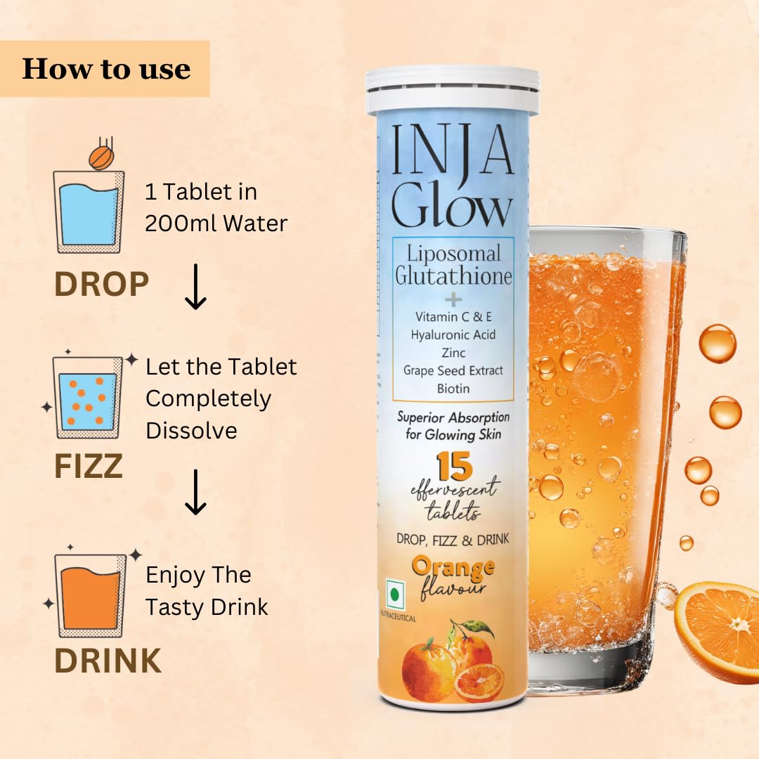 Inja Glow Liposomal Glutathione + Vitamin C & E, 4x Effective, Hyaluronic Acid Zinc, Grape Seed Extract For Enhances Skin Glow, Reduces Dark Spots | 15 Tablets, Orange Flavour , 50gm 0.1lbs