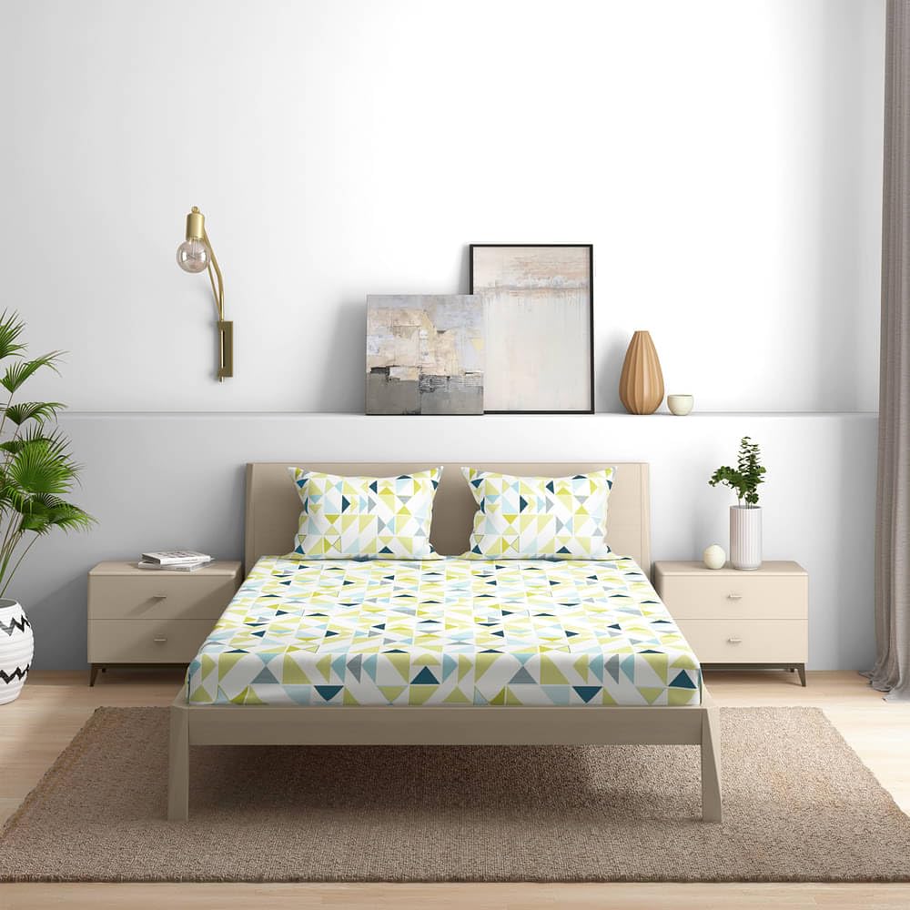 1 Double Bedsheet With 2 Matching Pillow Covers 72 X 48 Inches, White & Light Green | 200 Thread Count Durable & Long Lasting | All Around Elastic Fitted Sheet