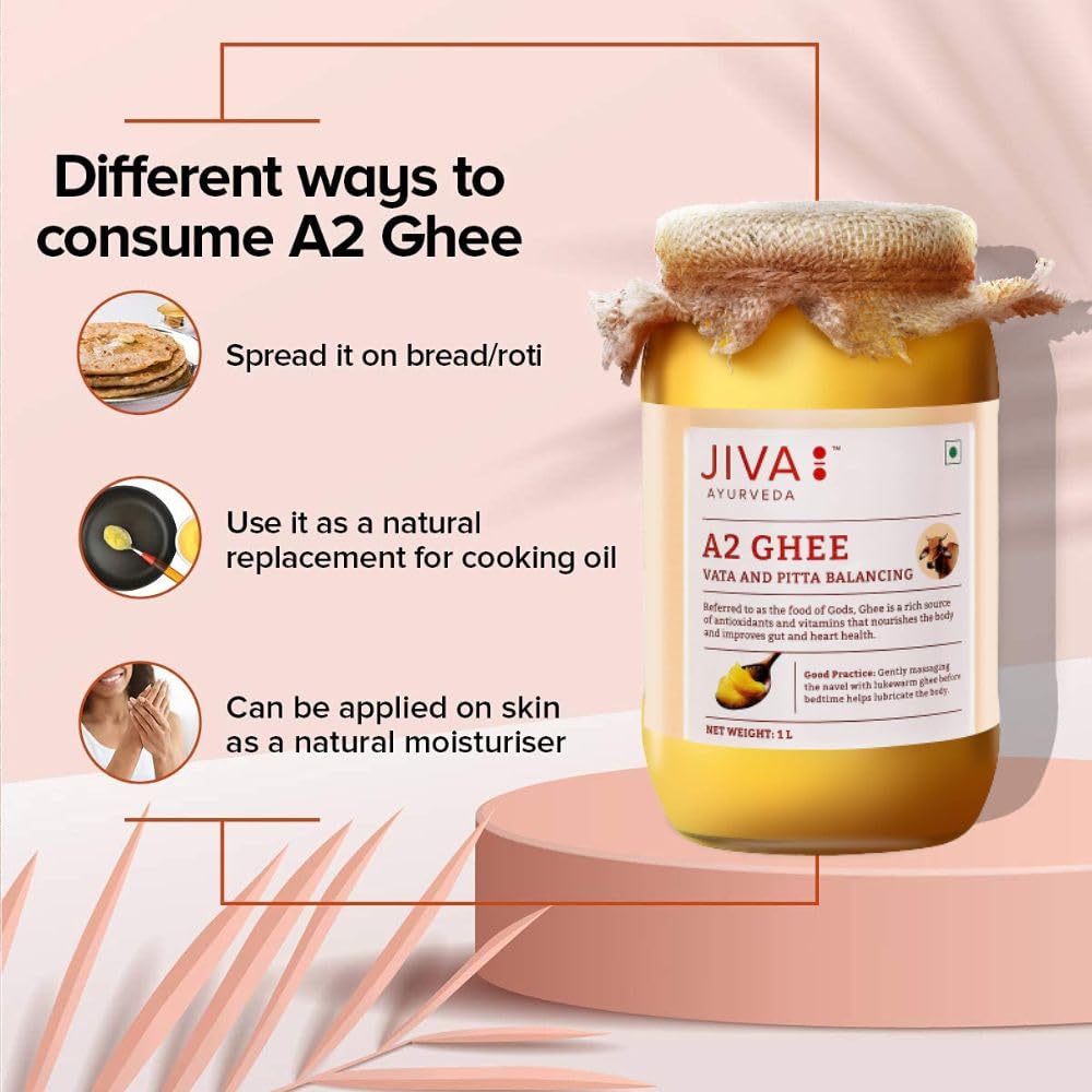 Natural Gir Desi Cow A2 Ghee By Jiva | Source Of Vitamins C, E & K Healthy Desi Ghee Perfect For Desserts | 1.3 Litre (1 Litr + 300ml) 43.9 Ounce | Jar Combo Pack
