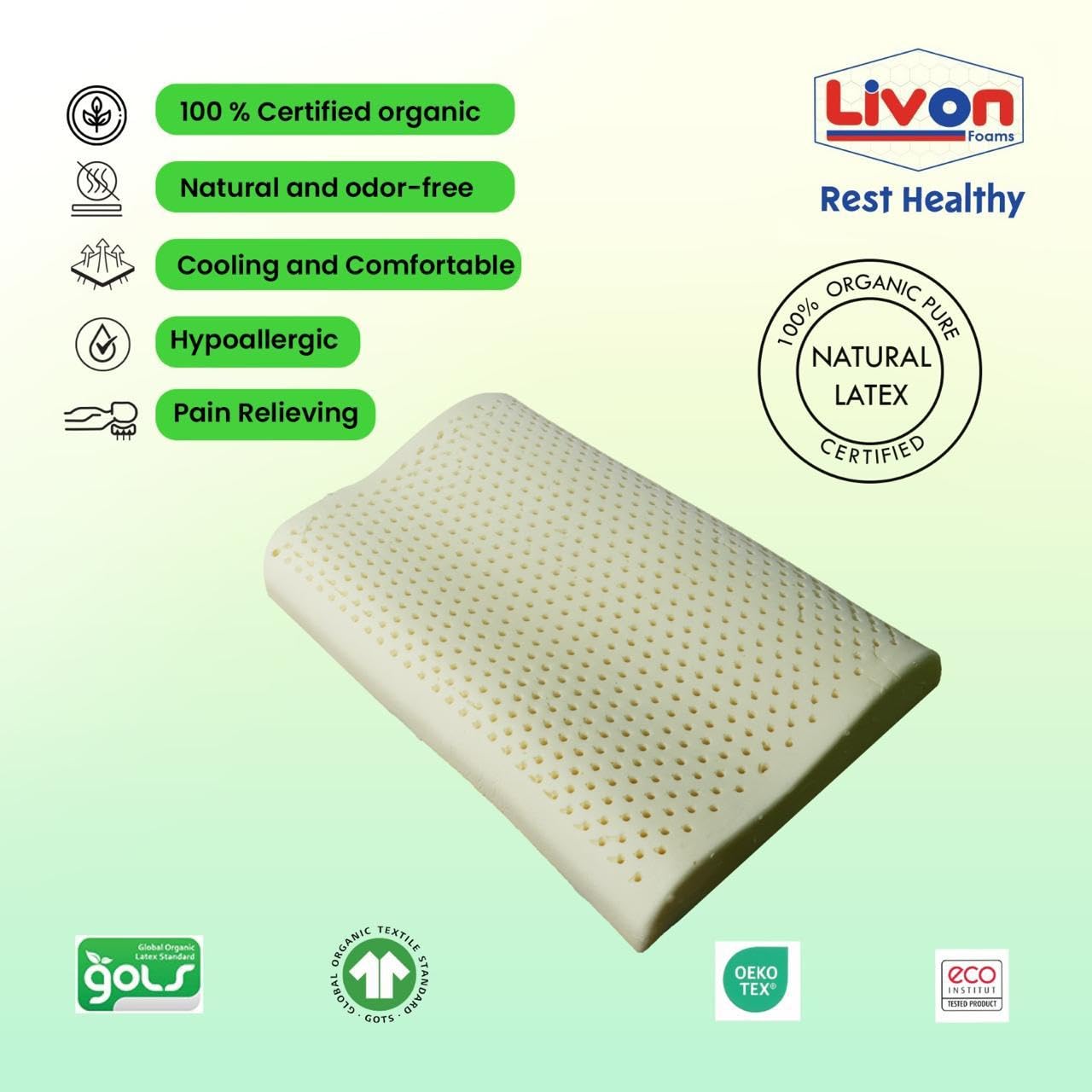 Latex Contour Pillow, Organic Pure Natural Pillow, White, Size - 60 X 40 X 10 Cm | 65 Density, Breathable, Hypoallergenic, Neck Support, Cooling, Latex Contour Pillow By Livon Comforts
