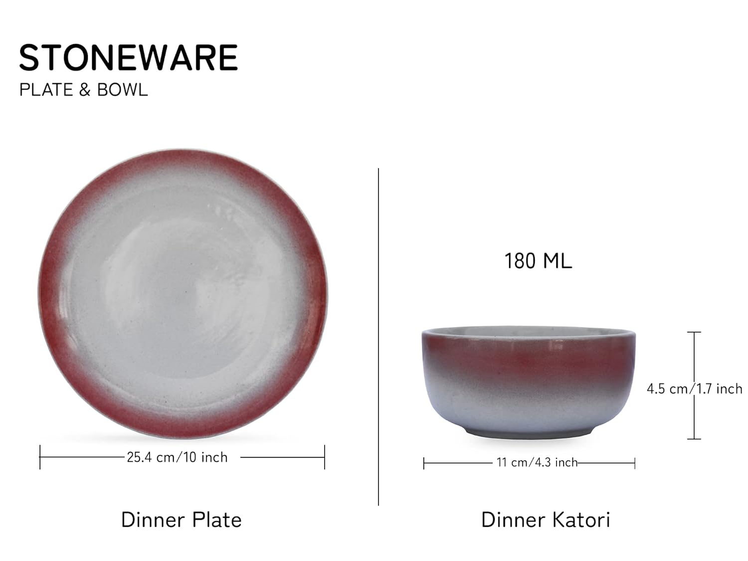 Handcrafted Ceramic Stoneware Dinner Set Of 4 - Ceramic Pack Of 8 Pcs, Red & Off White | 4 Dinner Plates + 4 Bowl Or Katori, 180ml Each - Microwave & Dishwasher Safe | Serving For 4