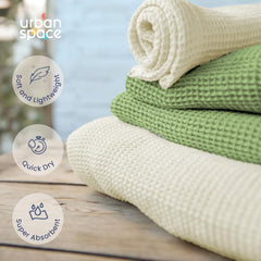 Urban Space 100% Cotton Waffle 2 Bath, 2 Hand & 2 Face Towels 1500 Gsm | Breathable & Absorbent Cotton Fabric Towel (Beige & Sage Green) -Set Of 6