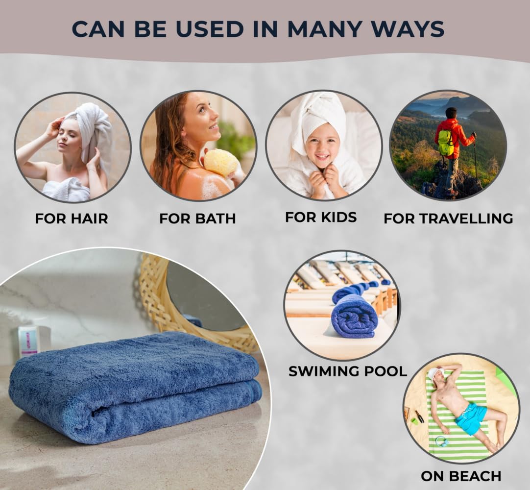 Fezora Microfiber Bath Towels 555 Gsm, | Extra Soft Plush & Quick Dry High Absorbency With Large Size Towels For Bathing Pack Of 2 (Grey & Blue)