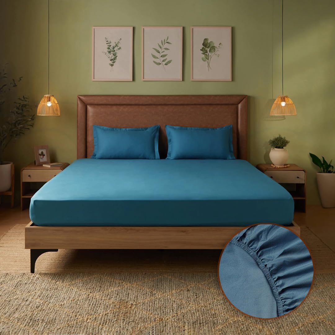 Queen Size Bedsheet For Double Bed With 2 Pillow Cover - 60 X 78 Inches, Mineral Blue | 100% Cotton, Soft & Breathable - Bedsheet Collection