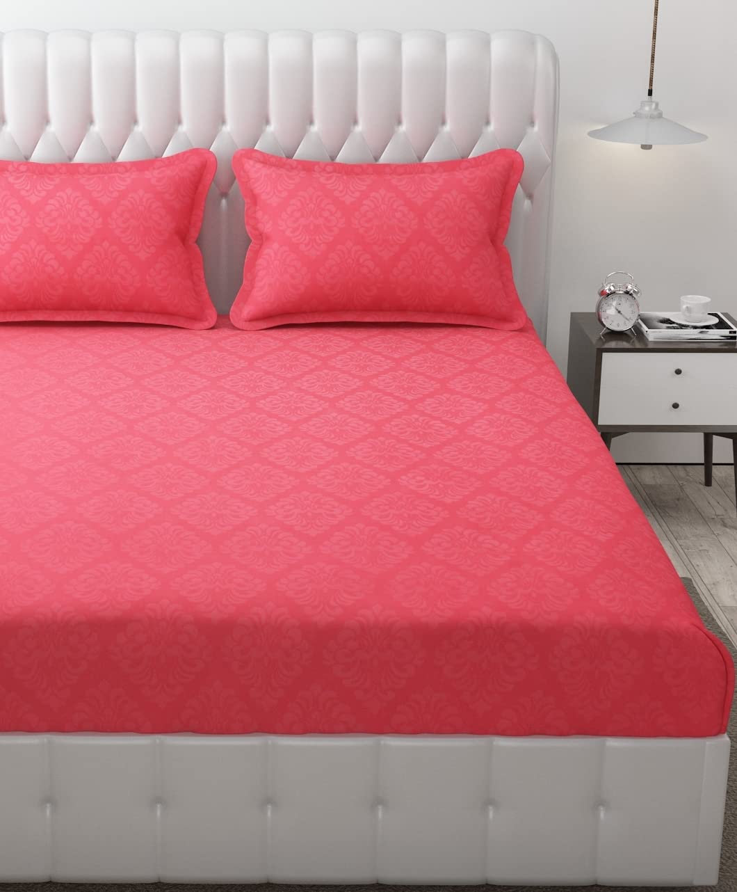 144 TC King Size Bedsheet With 2 Pillow Covers - 90 X 95 Inches | Pink, Damas Design Bedsheet | Machine Washable & Wrinkle Resistant