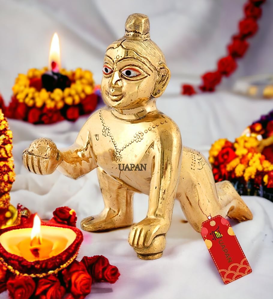 Beautiful Brass Laddu Gopal Idol, Kanha Ji, Bal Krishna Statue, Gold Idol - 20 Cm, Antique Deign, For Home, Office Décor, All Festivals & Occasion, Idol