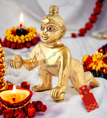 Beautiful Brass Laddu Gopal Idol, Kanha Ji, Bal Krishna Statue, Gold Idol - 20 Cm, Antique Deign, For Home, Office Décor, All Festivals & Occasion, Idol
