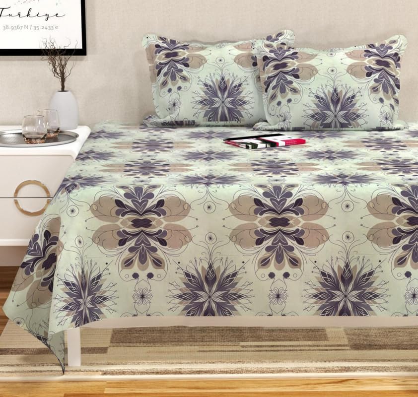 100% Cotton Double Bedsheets King Size With 2 Large Size Pillow Covers | 90 X 100 Inches, Off White | Soft & Breathable Premium Printed Design Bedsheet