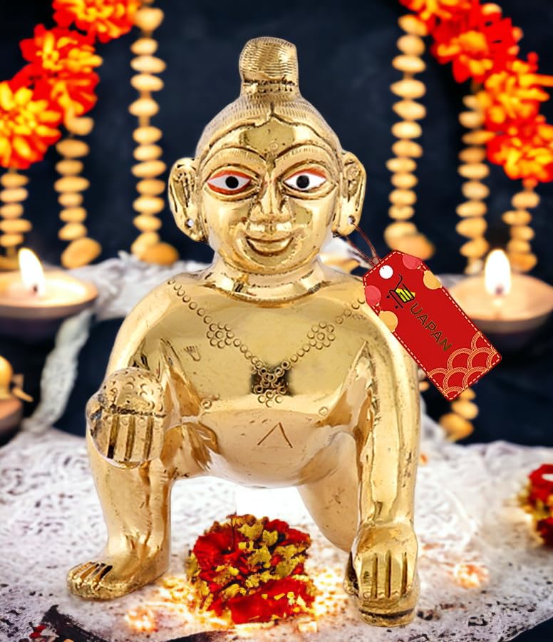 Beautiful Brass Laddu Gopal Idol, Kanha Ji, Bal Krishna Statue, Gold Idol - 20 Cm, Antique Deign, For Home, Office Décor, All Festivals & Occasion, Idol