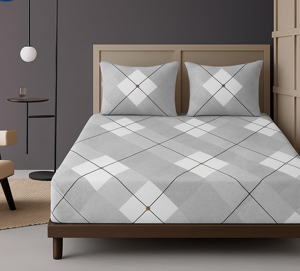 1 Bedsheet For Double Bed With 2 Pillow Covers - 90 X 100 Inches, Grey & White | Premium Cotton Material Double Bedsheet Queen Size | Skin Friendly & Long Lasting