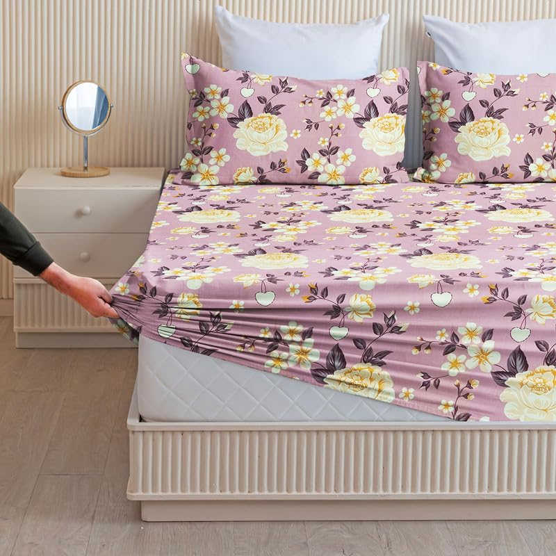 Cotton Fitted Bedsheets With 2 Matching Pillow Covers For King Bed | Size 78x72+10 Inches, Mistyrose - Soft, Durable & Wrinkle Free | Ideal For Daily Use