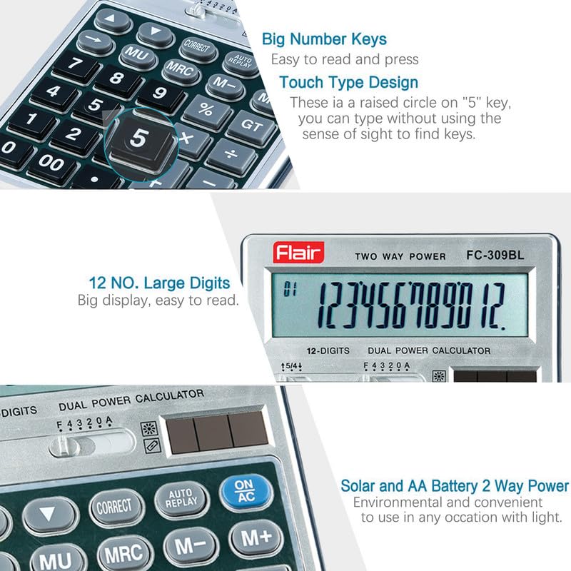 Flair FC-309 Desktop Series Calculator | Best Key Layout | GT Keys With Metal Cladding | Mark Up With Battery Dual Power | 99 Steps Check & Correct | For Home, Office & Shop Use | Grey