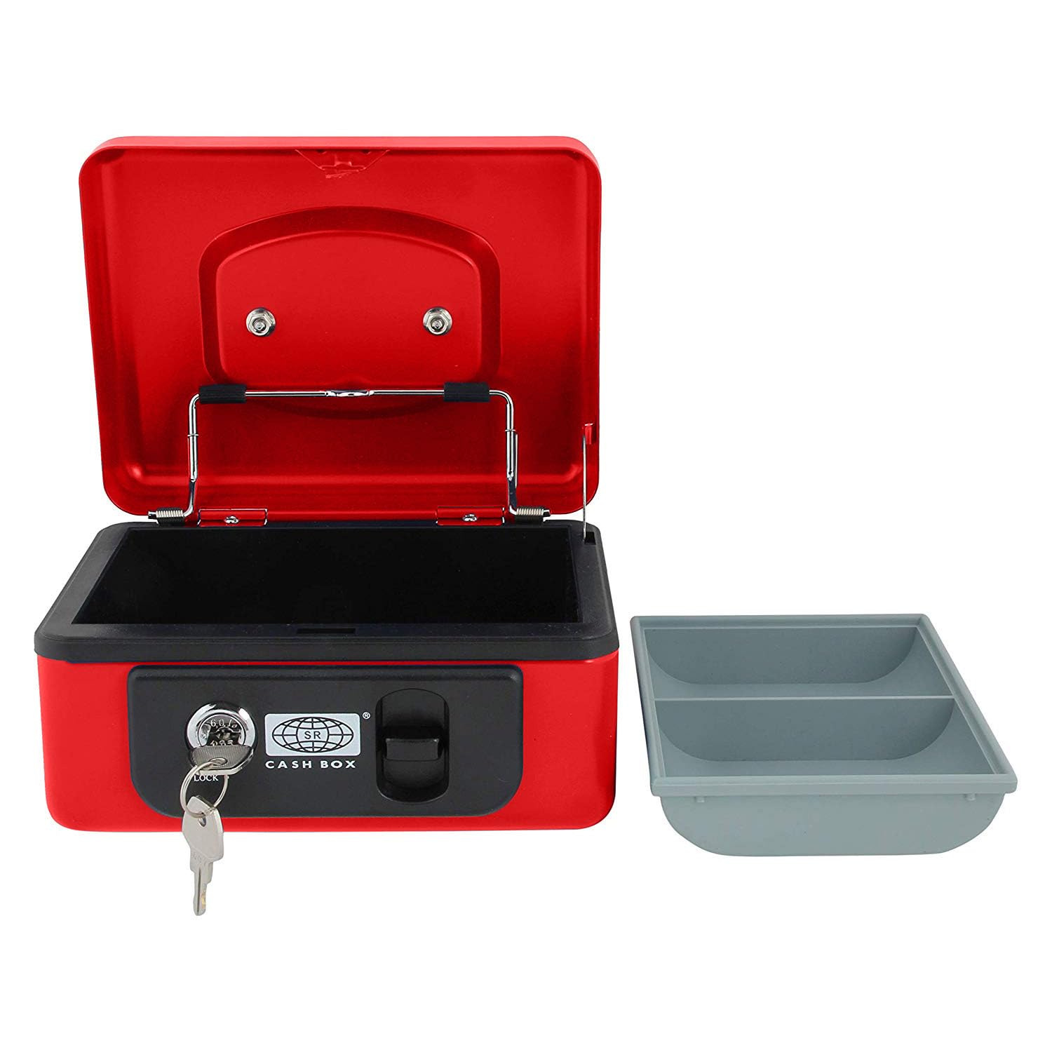 Imported Metal Cash Box With Dual Combination & Password Lock Small Size Money Box For Cash, Jewellery Safe Locker With Removable Plastic Coin Tray, Colour - Dark Grey, Material - Metal