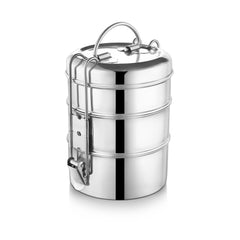 Silver Stainless Steel Tiffin Storage Container With Lid & Classic Lock 3-Tier | Lunch Box For Office, College, School - Air Tight & Leakproof