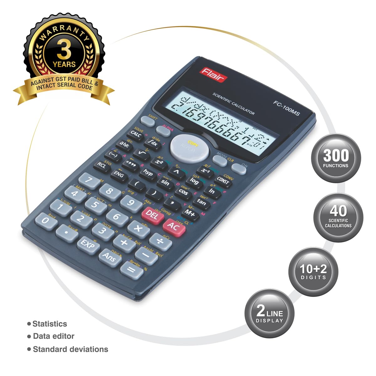 Flair FC-100MS Desktop Series Scientific Calculator | 300 Functions With 40 Scientific Calculations | Two Line Display | 10 + 2 Digits Calculator | For Student & Financial Work | Black