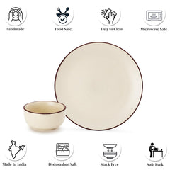 Hand Painted Ceramic Stoneware Dinner Set - Pack Of 6 Pcs, Off-White | 2 Dinner Plates, 10.6 Inch Each + 4 Small Dinner Bowl, 170ml Each - Microwave & Dishwasher Safe