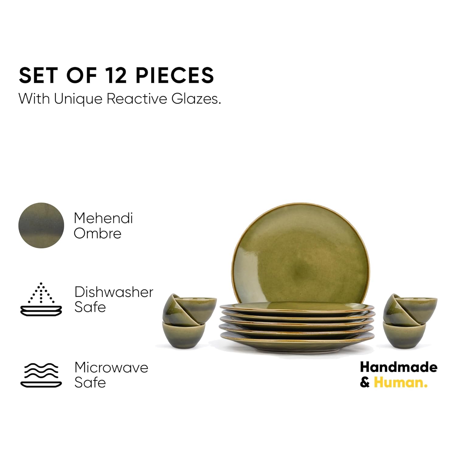 Ceramic Dinner Set Of 12 Pcs, Mehndi Ombre | Crockery Set For Dining Table - Dining Sets Crockery Items | Glossy Finish - 6 Dinner Plates+ 6 Veg Bowls, 220ml Each