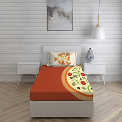 Cotton Bedsheet Set For Single Bed - Size 59 X 88 Inches, Red | 1 Single Bed Sheet With 1 Pillow Cover - Light Weight & Breathable, All Season Comfort-Pizza Pattern Bedsheet