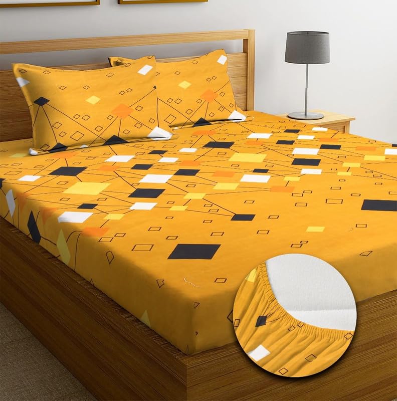Premium Cotton Elastic Fitted Bedsheets With 2 King Size Pillow Covers - 72 X 78 + 10 Inches, Yellow & Black | Super Soft Brushed Glace | Breathable & Wrinkle Free