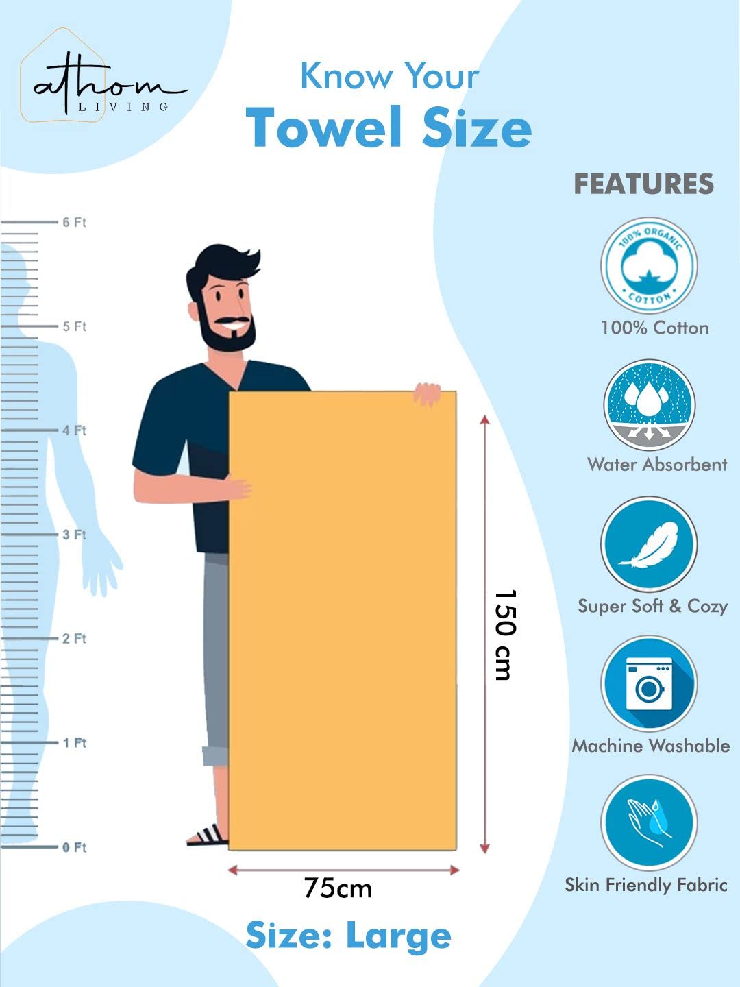 Athom Living Premium Cotton Light Weight Quick-Dry High Absorbent Cotton Bath Towel 250 Gsm, | Waffle Yellow (Pack Of 1)