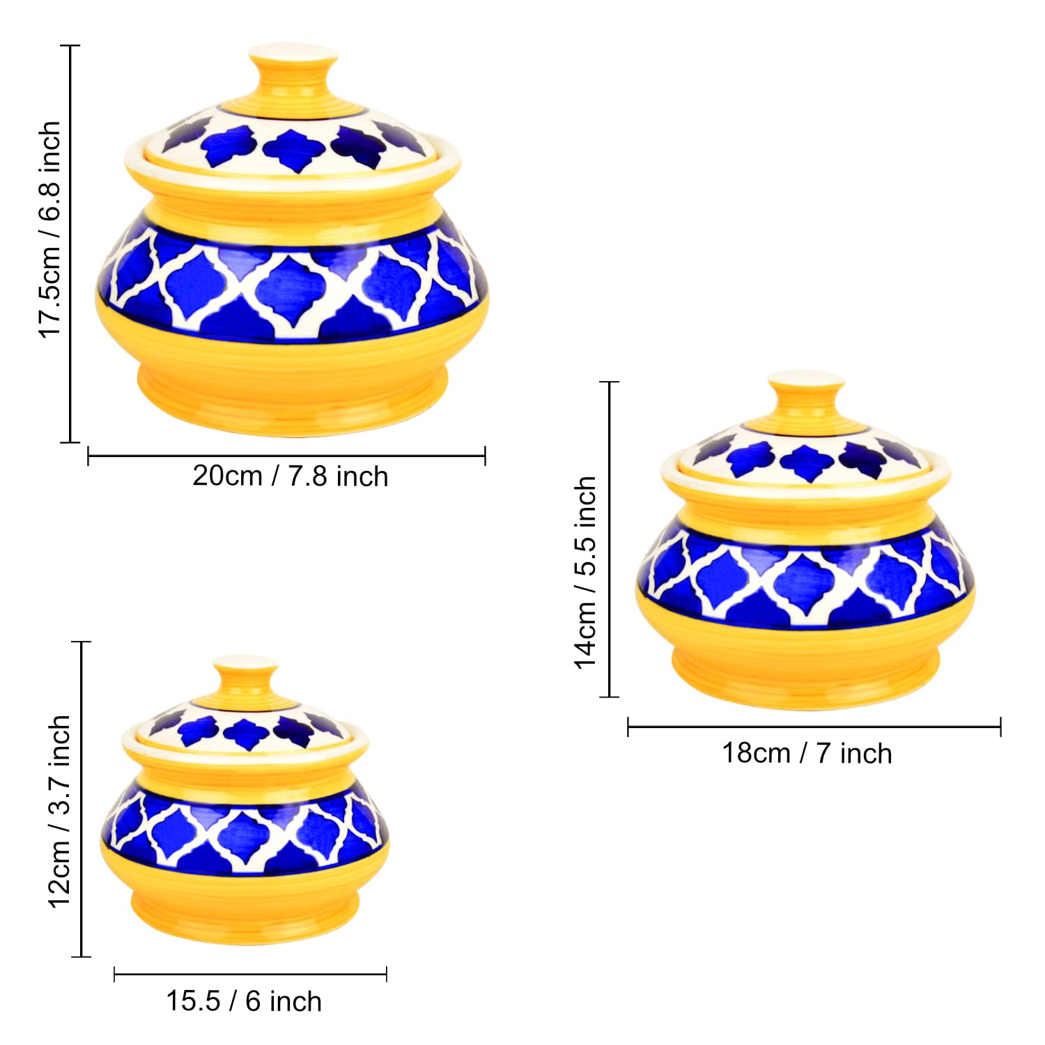 Hand Painted Ceramic Handi Set With Lid Set Of 3 - 1900ml, 1200ml & 650ml, Blue & Yellow | Dinner Serving Bowls - Biryani Handis, Serving Pots